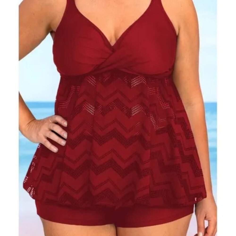 SL153 Red Ruffled Sleeveless V Neck Plus Size Swimsuit